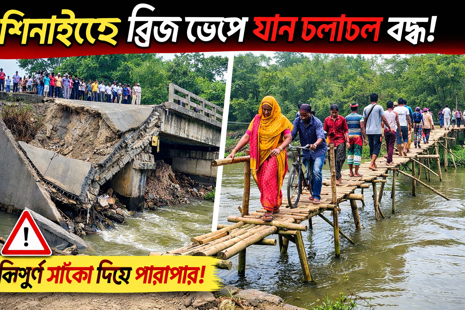 ঝিনাইদহে ব্রিজ ভাঙা: ৯ মাসেও নির্মাণ হয়নি প্রতিস্থাপন, বাঁশের সাঁকোয় ঝুঁকি নিয়ে পারাপার
